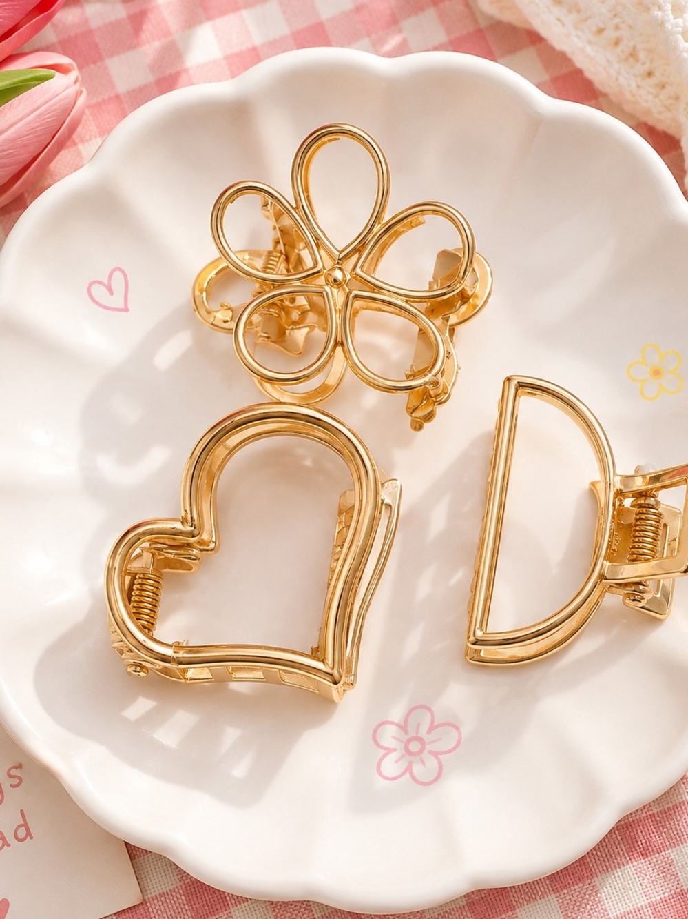 Gold Metal Hair Claw Clip Set of 3 - Heart, Flower & Geometric New